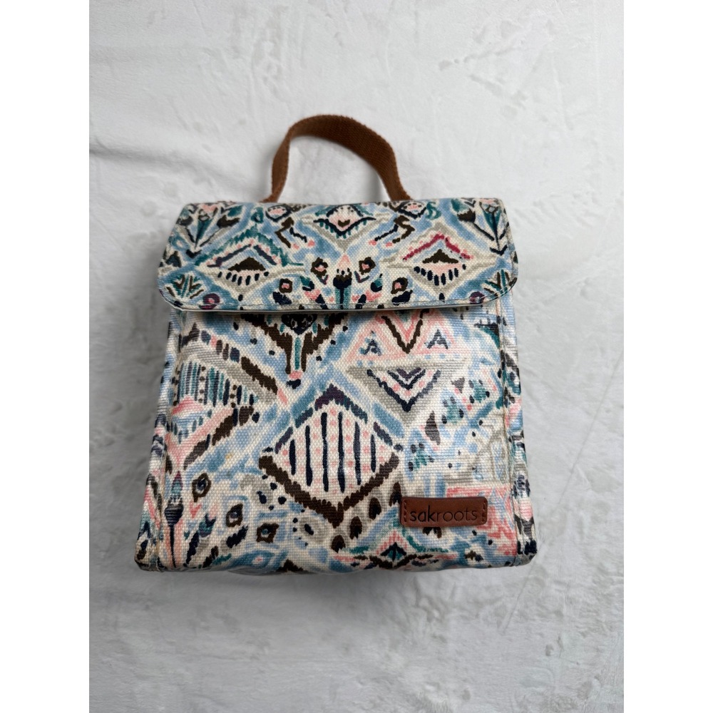 Sakroots Insulated Lunch Bag Blue Pink Tribal Ikat Print Coated Canvas Tote
